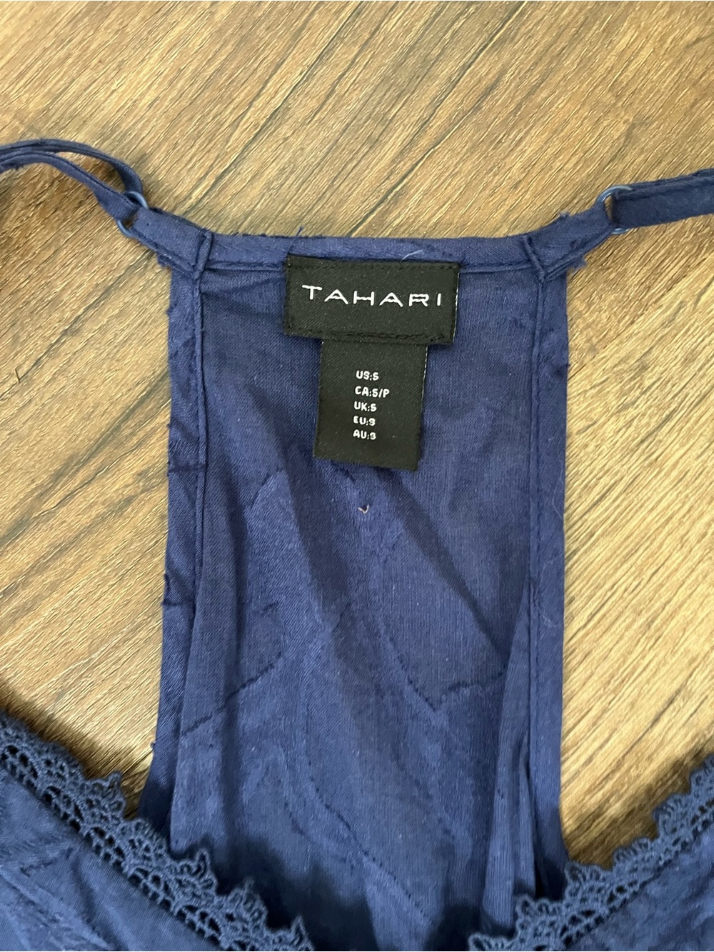 Tahari Navy 100% Cotton Navy Blue Textured Chemise Slip Dress with Lace Trim - Picture 3 of 9